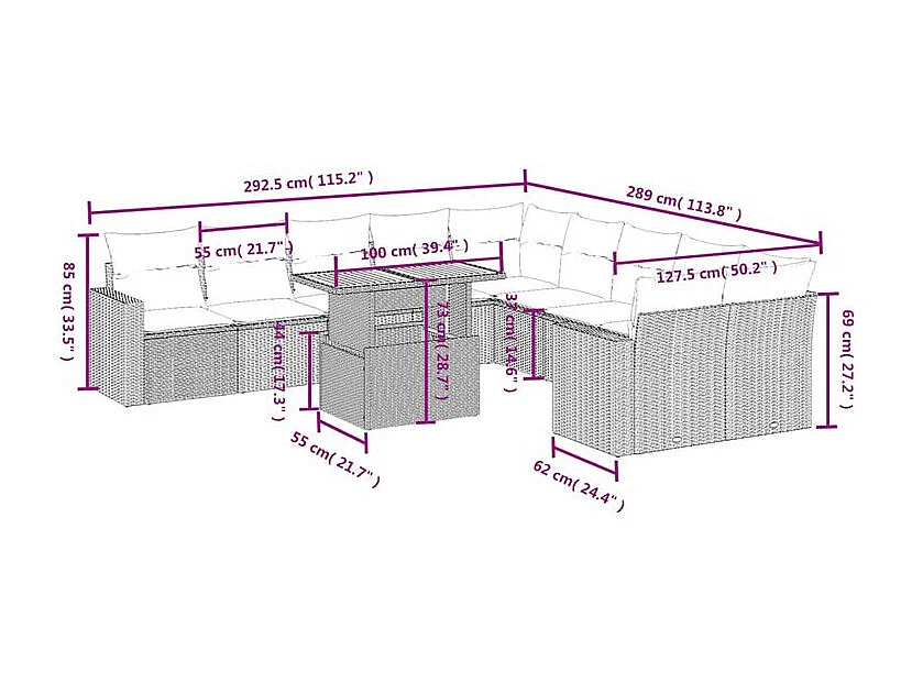 Salon de jardin 11 pcs avec coussins gris résine tressée