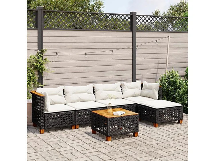 Salon de jardin 6 pcs avec coussins noir résine tressée