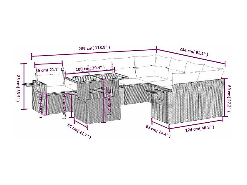 Salon de jardin avec coussins 10 pcs gris résine tressée