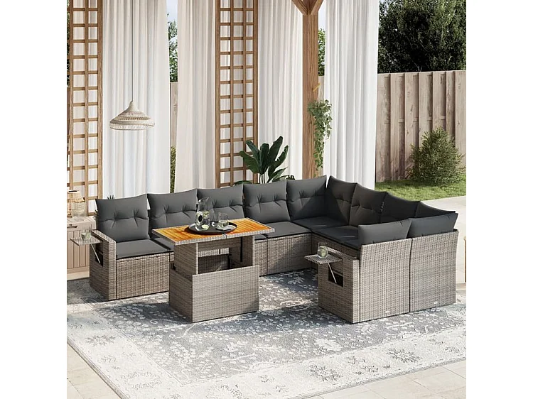 Salon de jardin avec coussins 10 pcs gris résine tressée