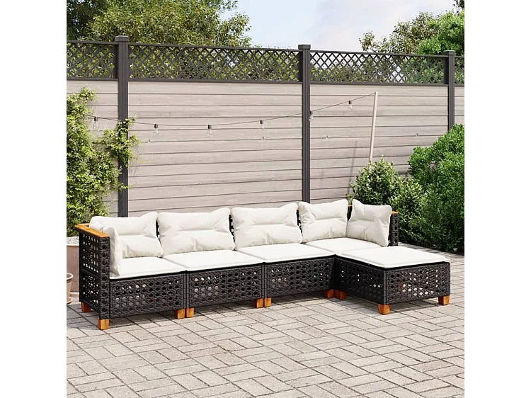 Salon de jardin 5 pcs avec coussins noir résine tressée