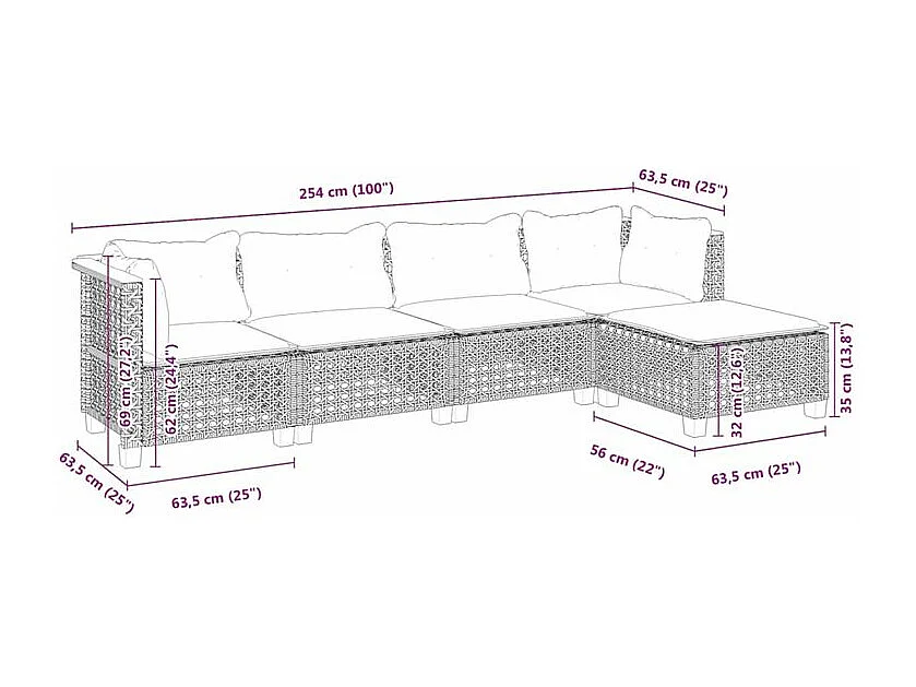 Salon de jardin 5 pcs avec coussins noir résine tressée