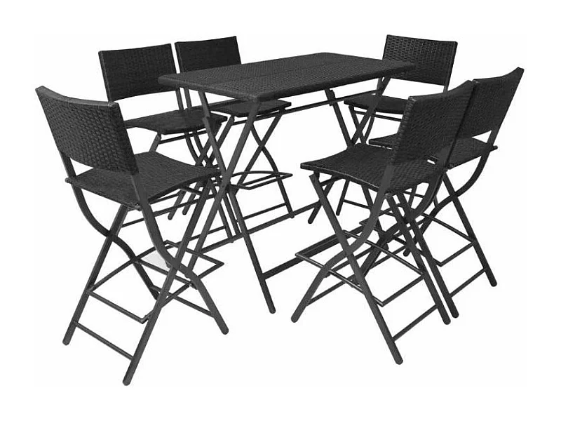 Table bar rectangulaire et 6 chaises de jardin résine tressée noir Klark