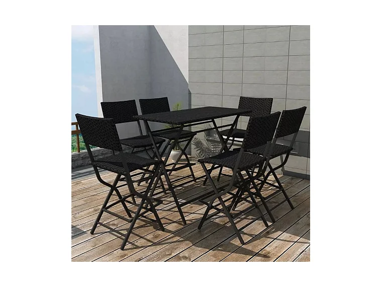Table bar rectangulaire et 6 chaises de jardin résine tressée noir Klark