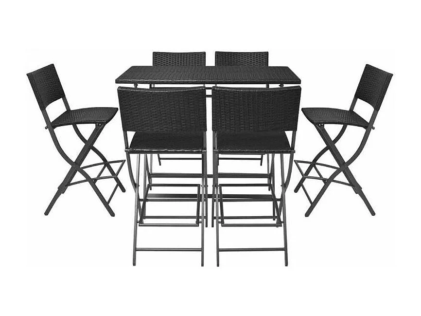 Table bar rectangulaire et 6 chaises de jardin résine tressée noir Klark