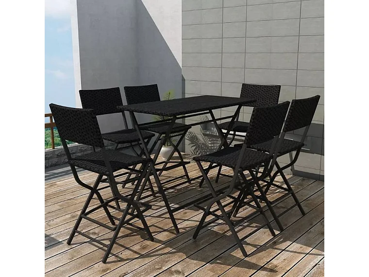 Table bar rectangulaire et 6 chaises de jardin résine tressée noir Klark