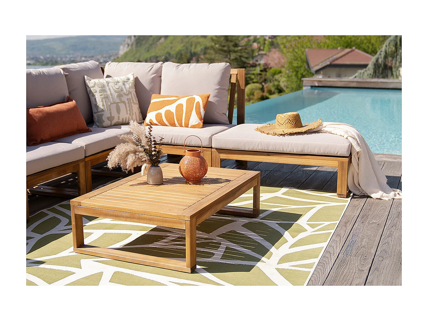 Conjunto de jardín esquinero de madera maciza 6-8 plazas con cojines desenfundables color topo natural SALSA