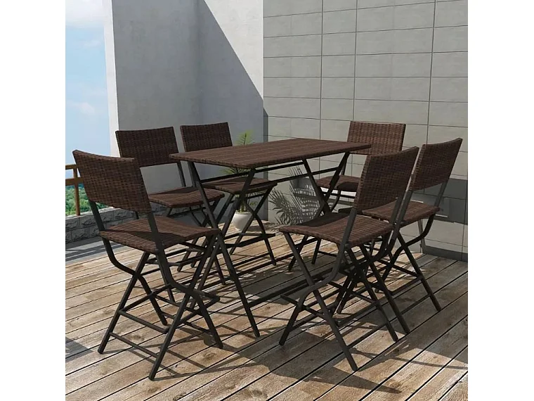 Table bar rectangulaire et 6 chaises de jardin résine tressée marron Klark