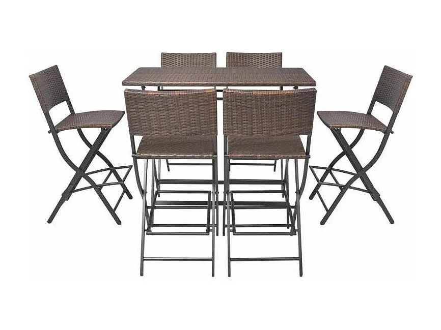 Table bar rectangulaire et 6 chaises de jardin résine tressée marron Klark
