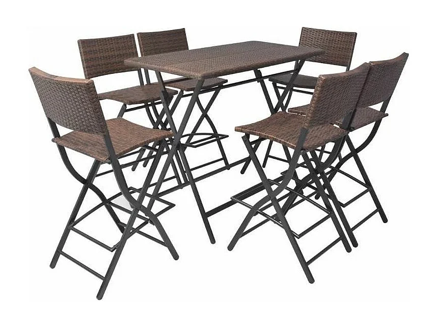 Table bar rectangulaire et 6 chaises de jardin résine tressée marron Klark