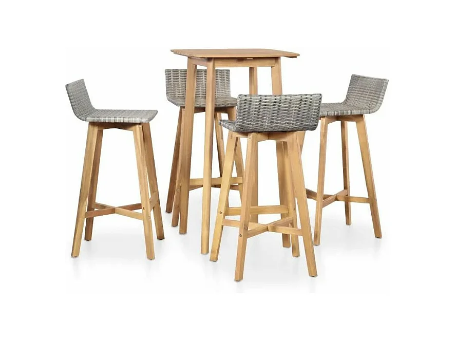 Table de bar carrée et 4 chaises de jardin acacia massif clair et résine tressée gris Vidot