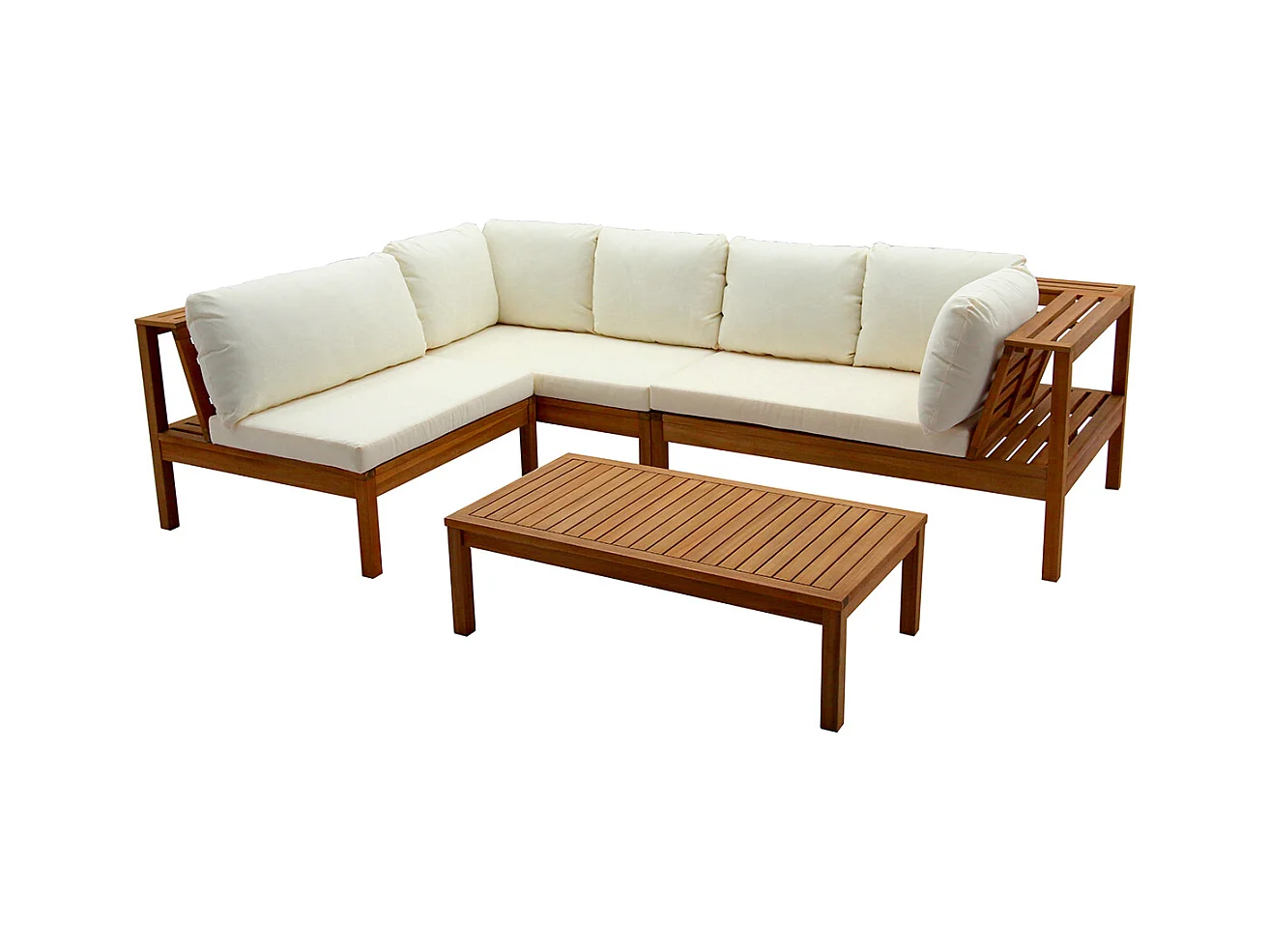 Salon de jardin d'angle 6 places en bois massif avec coussins déhoussables beige naturel BELIZE