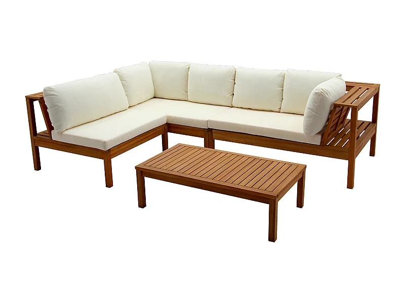 Salon de jardin d'angle 6 places en bois massif avec coussins déhoussables beige naturel BELIZE