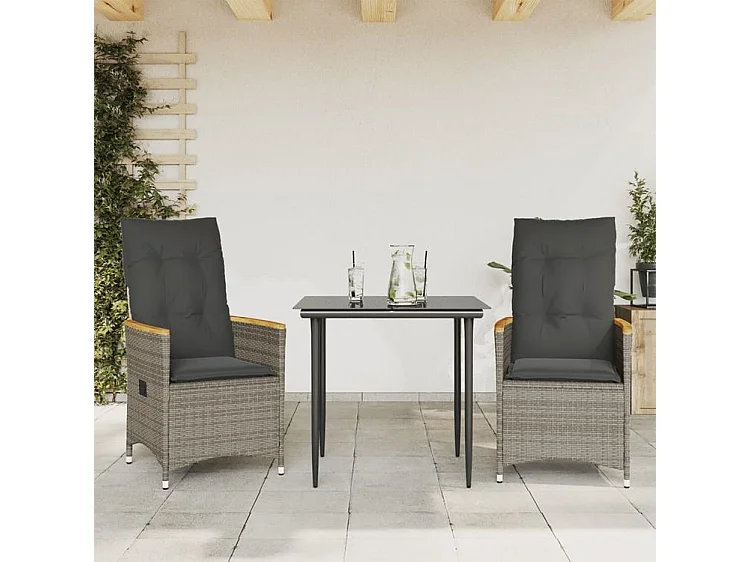 Chaises inclinables de jardin lot de 2 et coussins gris rotin