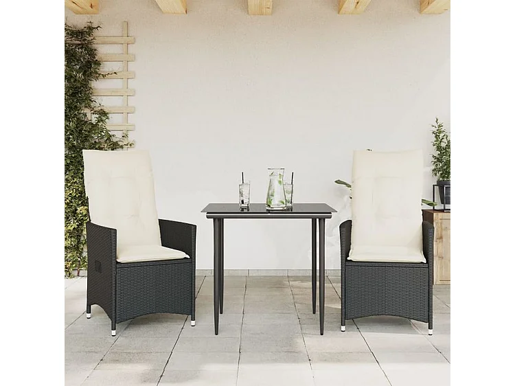 Chaises inclinables de jardin lot de 2 et coussins noir rotin