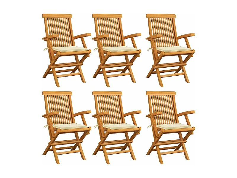 Chaises de jardin avec coussins crème 6 pcs Bois de teck massif