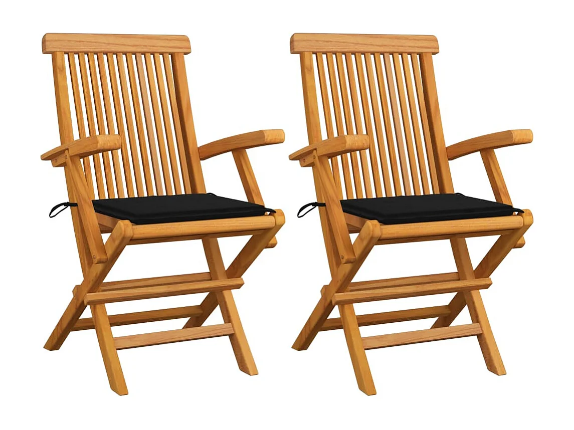 Chaises de jardin avec coussins noir 2 pcs Bois de teck massif 2