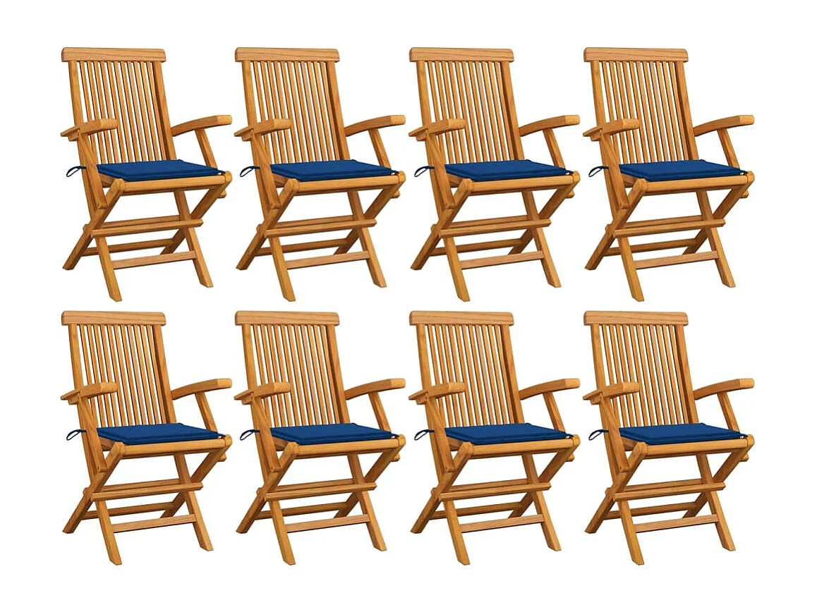 Chaises de jardin avec coussins bleu royal 8 pcs Teck massif