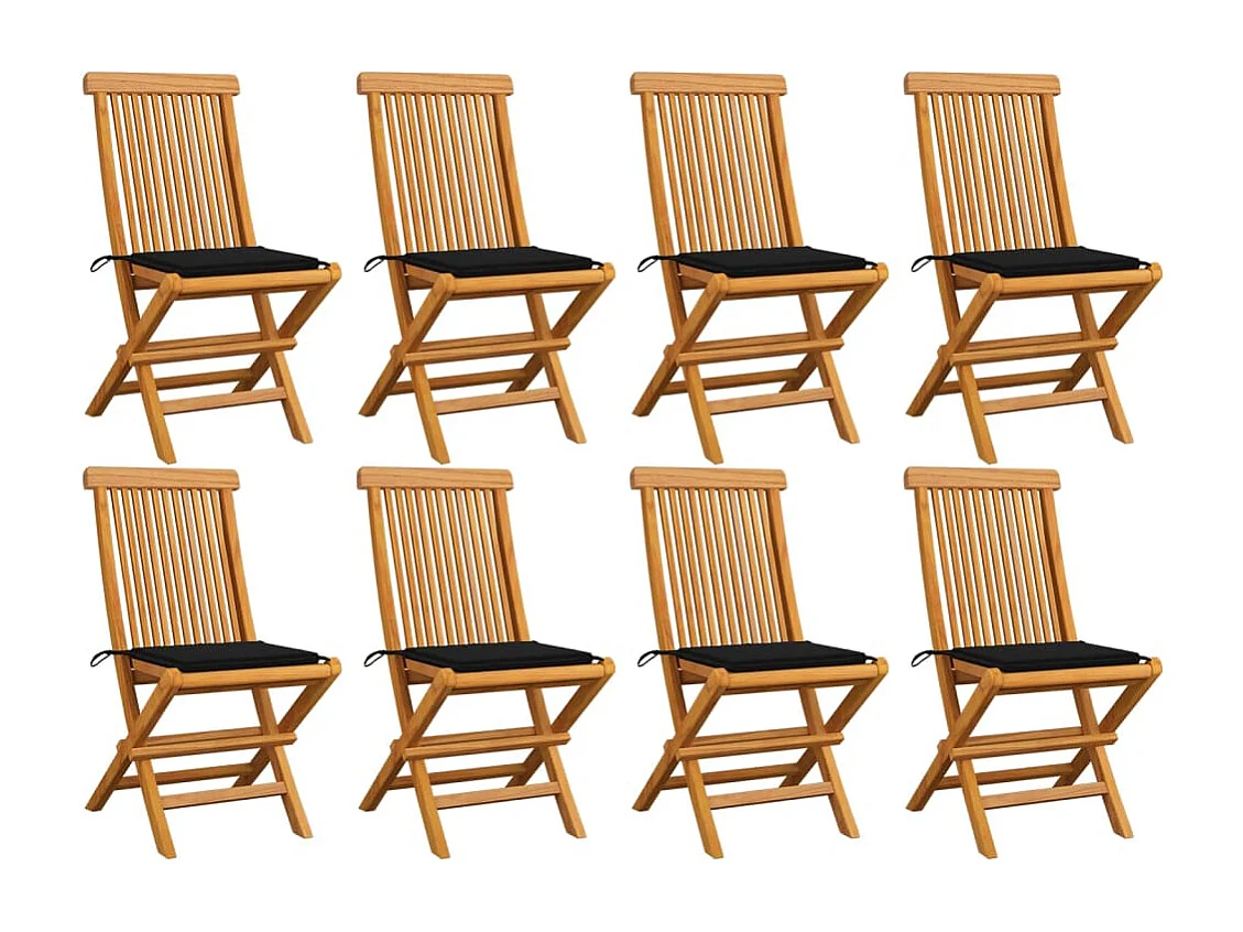 Chaises de jardin avec coussins noir 8 pcs Bois de teck massif 3