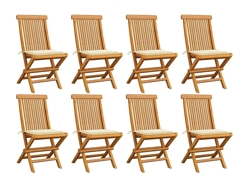 Chaises de jardin avec coussins crème 8 pcs Bois de teck massif