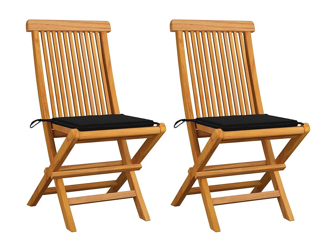 Chaises de jardin avec coussins noir 2 pcs Bois de teck massif 3