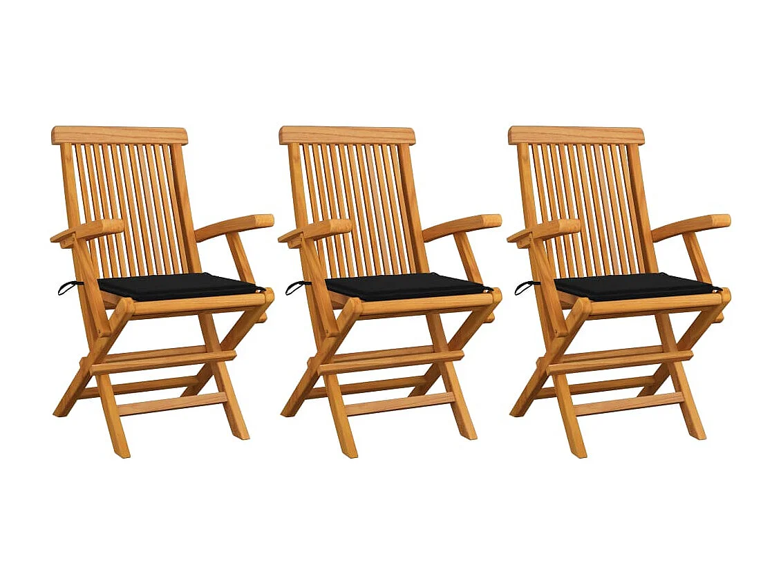 Chaises de jardin avec coussins noir 3 pcs Bois de teck massif