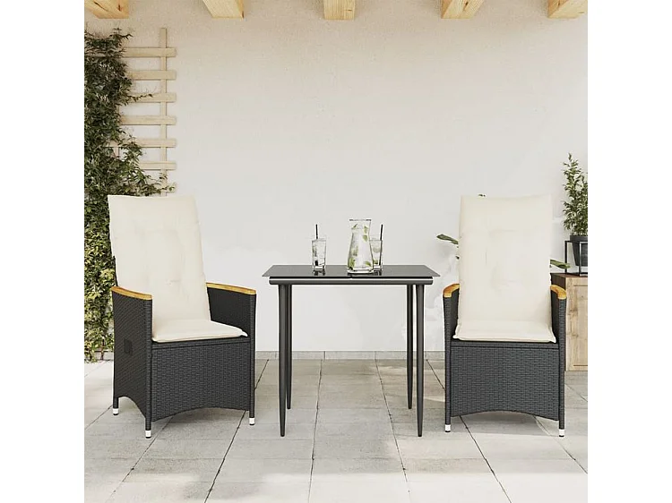 Chaises inclinables de jardin lot de 2 et coussins noir rotin