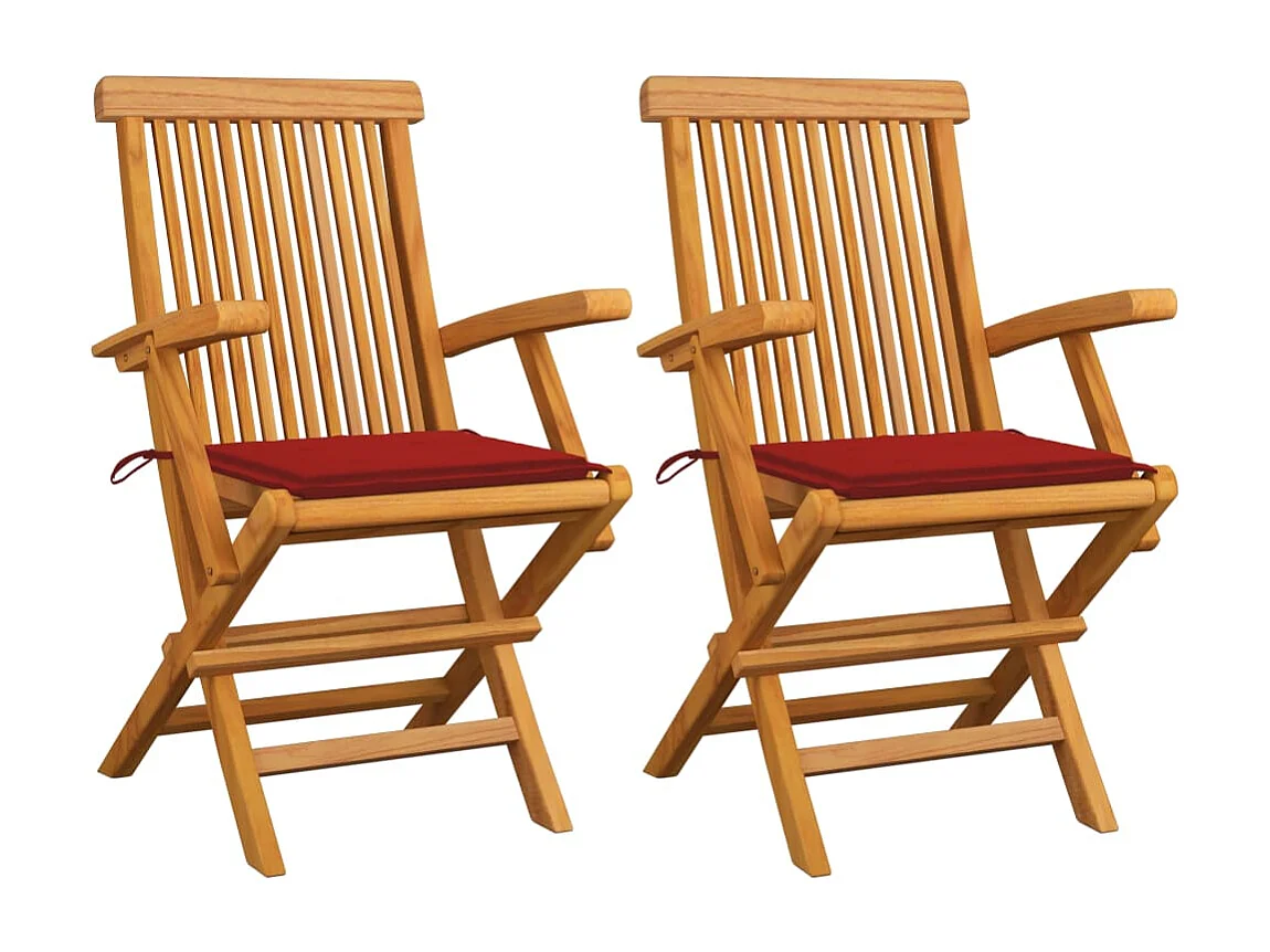 Tuinstoelen 2 st met rode kussens massief teakhout