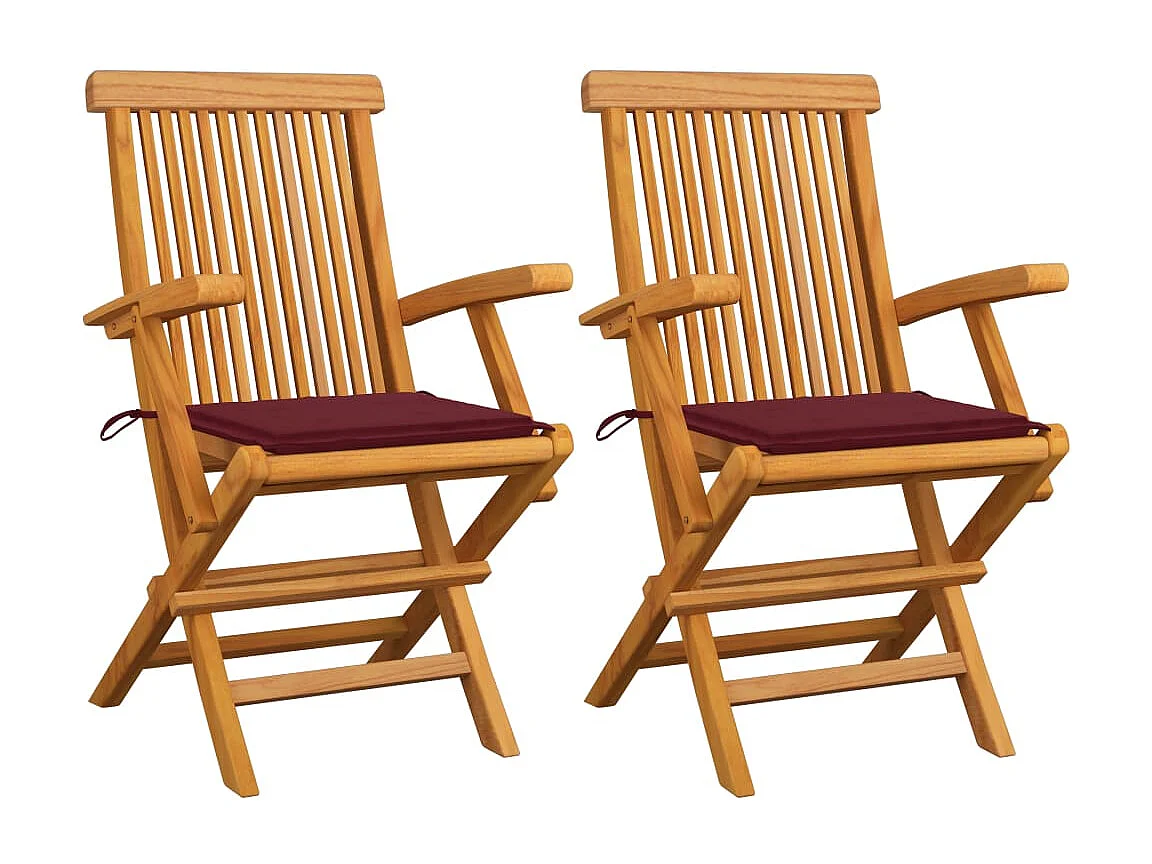 Tuinstoelen 2 st met wijnrode kussens massief teakhout