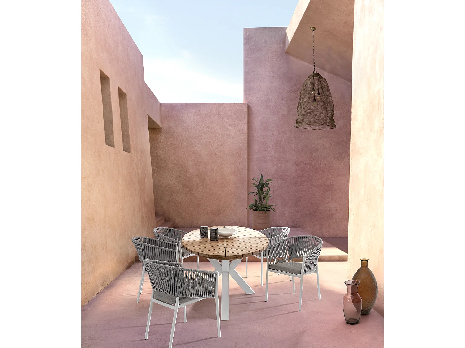 Chaise de jardin avec accoudoir aluminium blanc et tressage de cordes gris taupe Flora