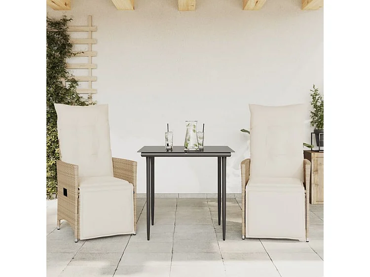 Chaises inclinables de jardin lot de 2 et coussins beige rotin