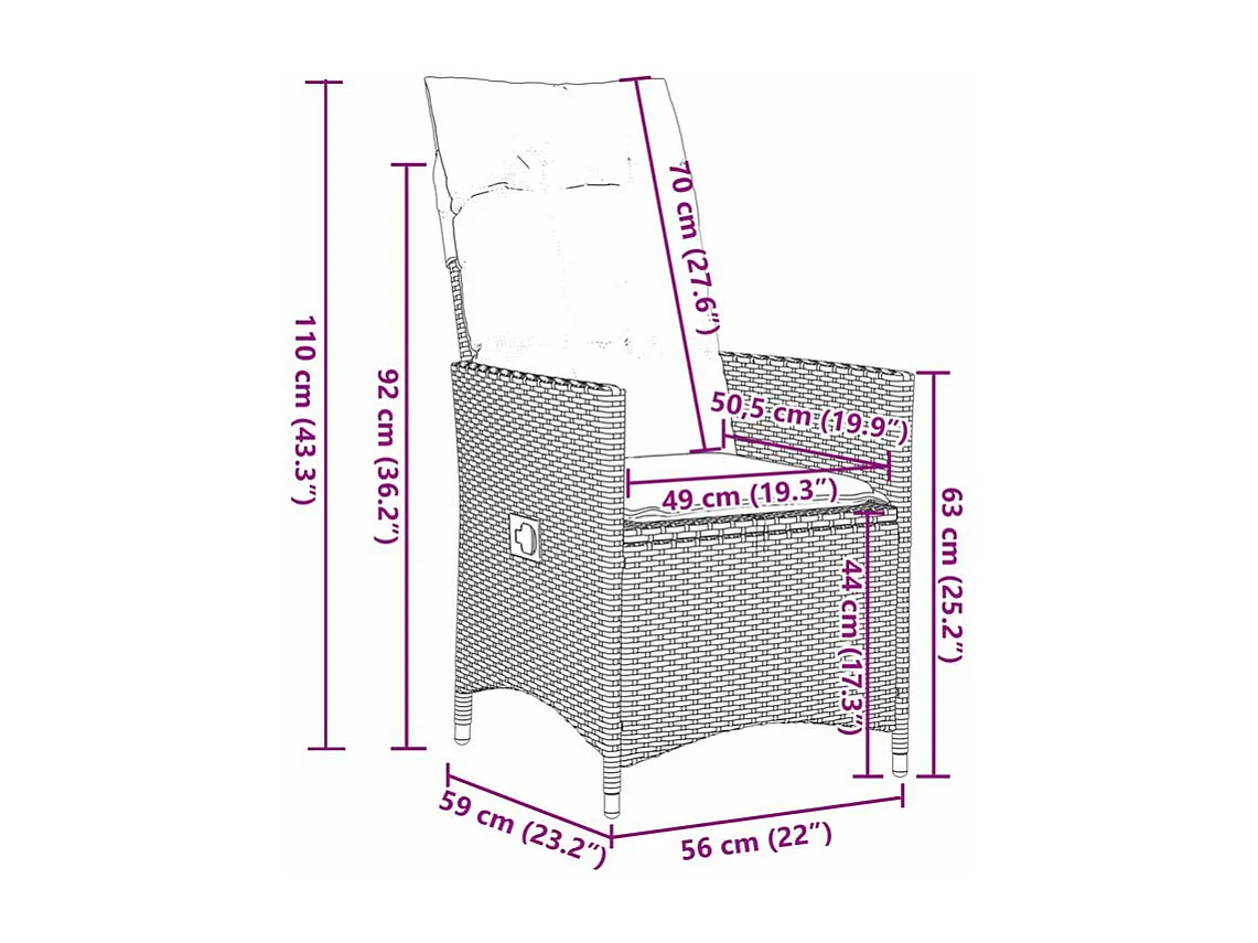 Chaises inclinables de jardin lot de 2 et coussins gris rotin