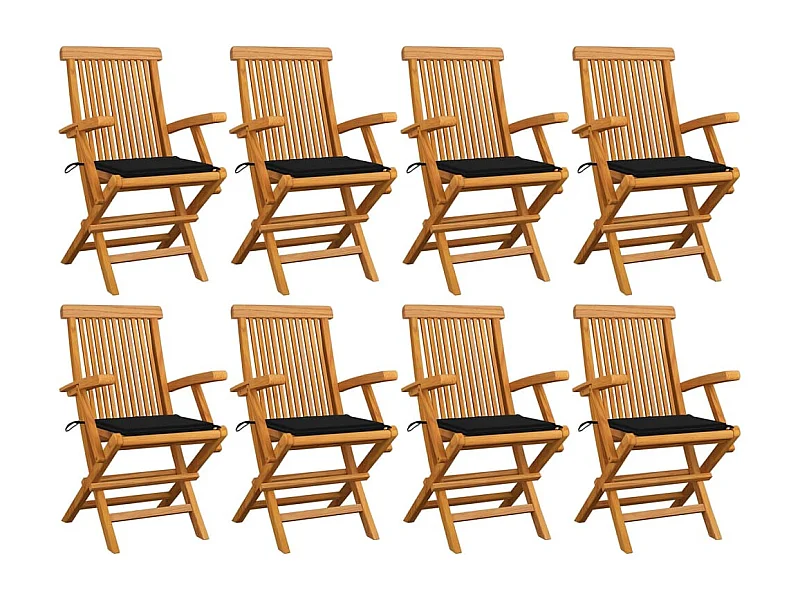 Chaises de jardin avec coussins noir 8 pcs Bois de teck massif