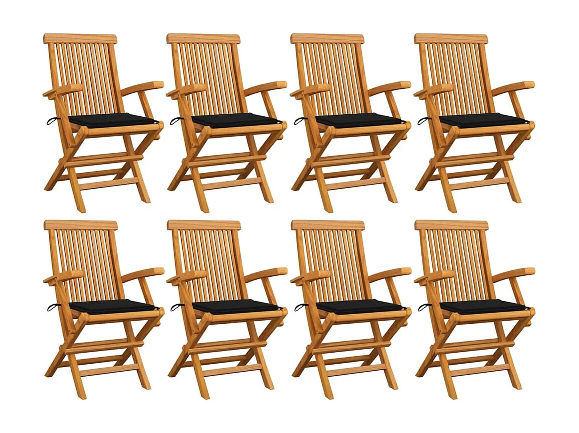 Chaises de jardin avec coussins noir 8 pcs Bois de teck massif