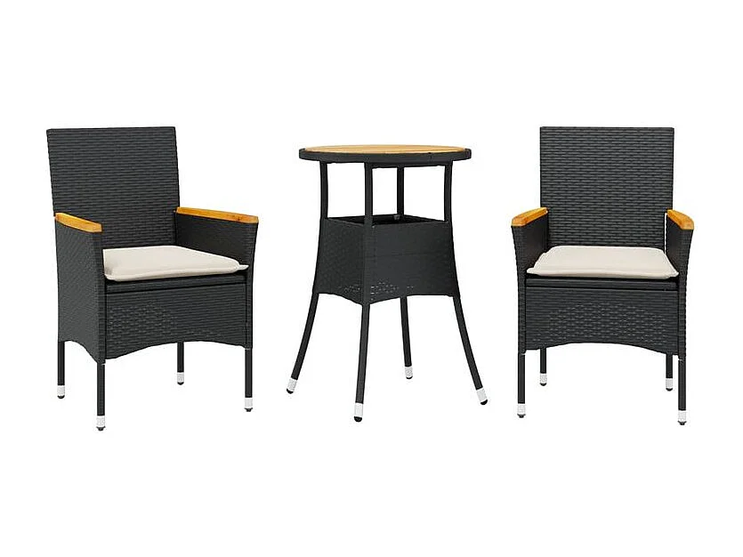 Ensemble à manger de jardin et coussins 3 pcs noir rotin acacia