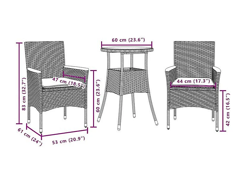 Ensemble à manger de jardin et coussins 3 pcs noir rotin acacia