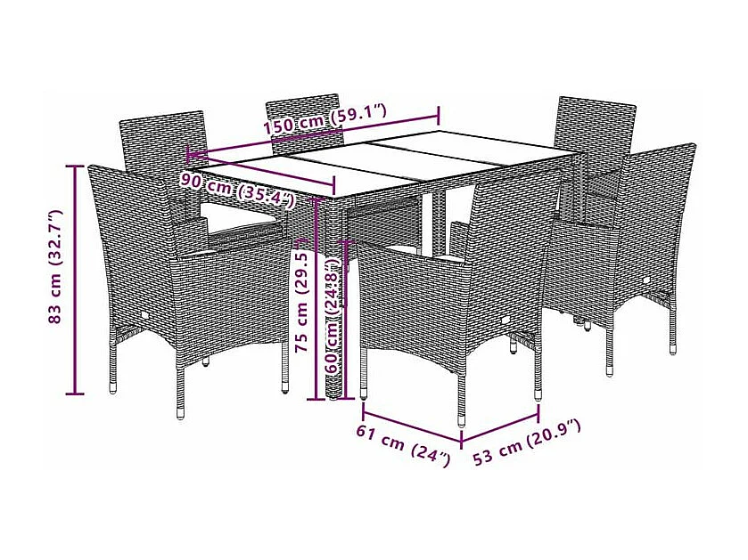 Ensemble à manger de jardin avec coussins 7 pcs rotin et verre