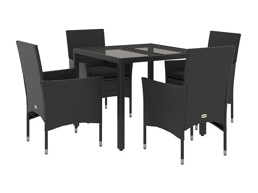 Ensemble à manger de jardin et coussins 5 pcs noir rotin verre