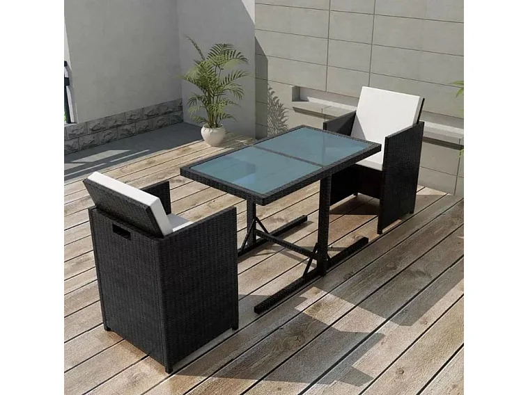 Table rectangulaire et chaises de jardin résine tressée noir Iris