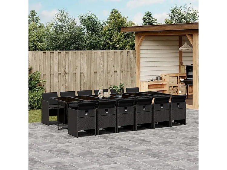 Ensemble à manger de jardin 13 pcs coussins noir résine tressée