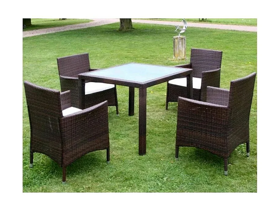 Table carrée et 4 chaises de jardin résine tressée marron Mik
