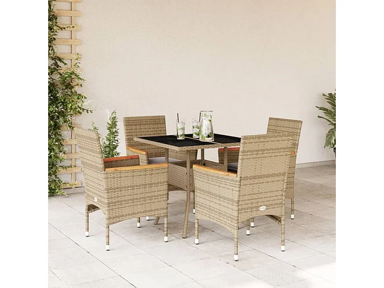 Ensemble à manger de jardin et coussins 5 pcs beige rotin verre