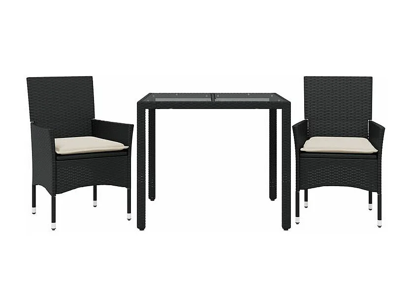 Ensemble à manger de jardin et coussins 3 pcs noir rotin verre