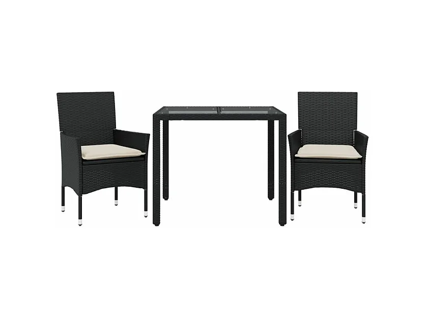 Ensemble à manger de jardin et coussins 3 pcs noir rotin verre