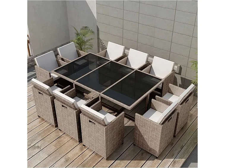 Table rectangulaire et 10 chaises de jardin résine tressée beige Iris