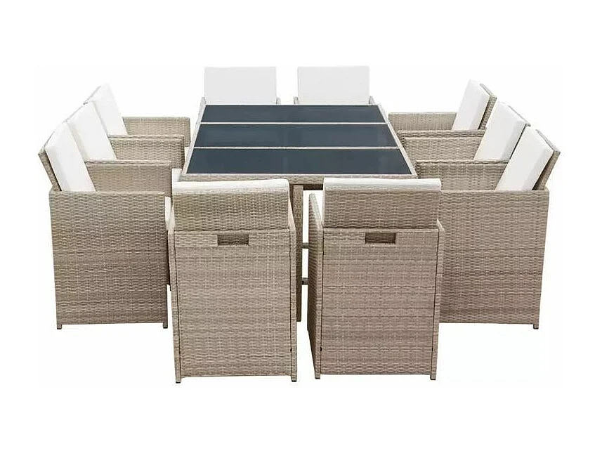 Table rectangulaire et 10 chaises de jardin résine tressée beige Iris