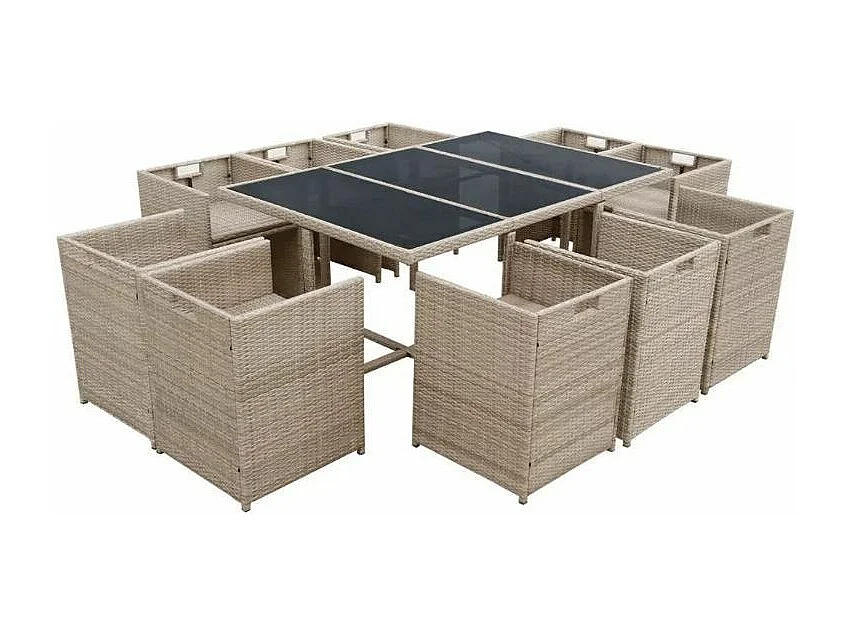 Table rectangulaire et 10 chaises de jardin résine tressée beige Iris