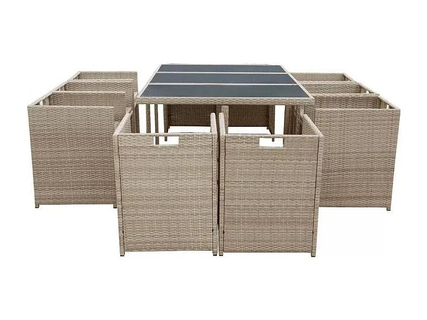 Table rectangulaire et 10 chaises de jardin résine tressée beige Iris