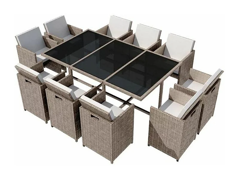 Table rectangulaire et 10 chaises de jardin résine tressée beige Iris