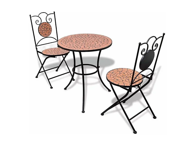Table ronde et 2 chaises de jardin mosaïquées noir et marron Mel